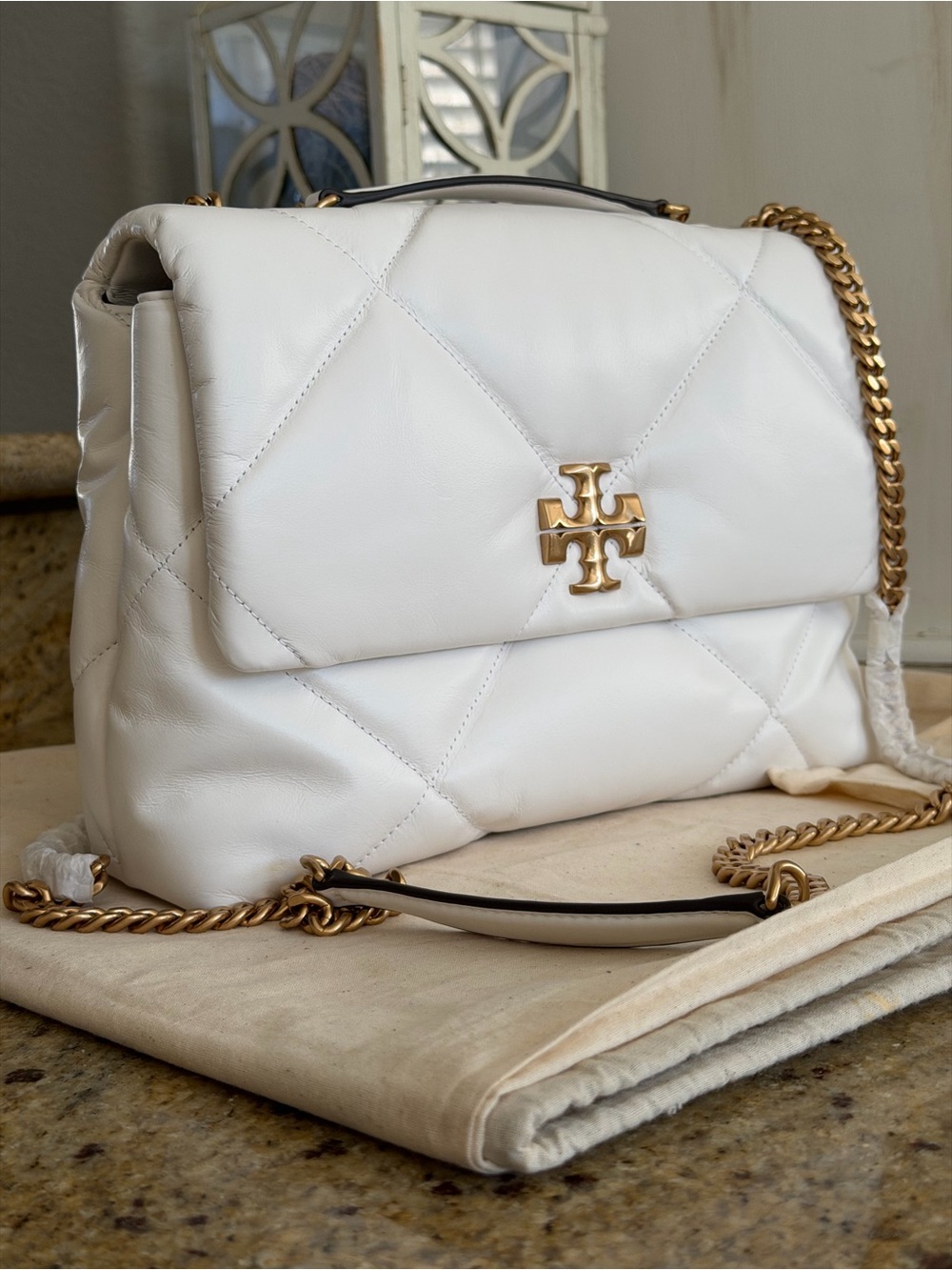 Tory Burch White Quilted Leather Shoulder Bag with Gold Chain